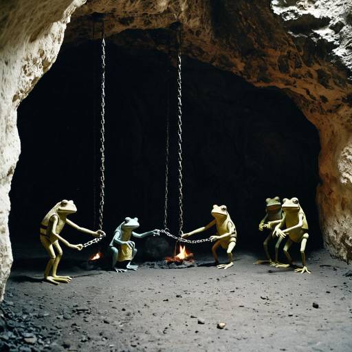 Surreal Frogs Chained in Cave with Fire