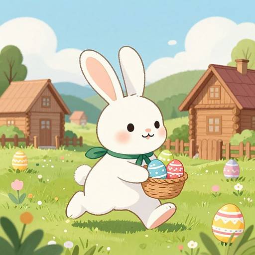 Cute cartoon bunny with green scarf carries basket of colorful Easter eggs, running through vibrant, sunny village with wooden houses and flowers. Digital art.
