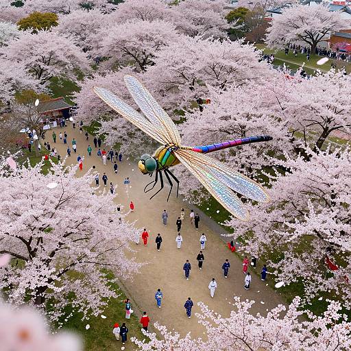 Aerial photograph of a giant dragonfly sculpture hovering over a cherry blossom park, surrounded by pink trees and numerous people in colorful spring clothing.
