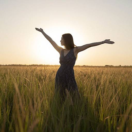 Silhouetted woman in a blue dress with outstretched arms stands in a golden field at sunset, sunlight behind her. Photograph.