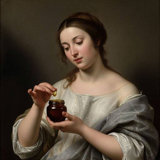 Baroque-style painting of a fair-skinned woman with brown hair, wearing a white and gray patterned dress, opening a small jar of honey.