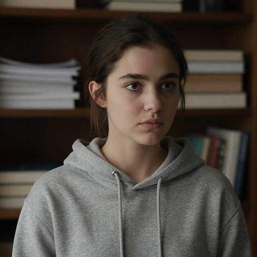 Photograph of a young woman with fair skin, dark brown hair in a low ponytail, wearing a gray hoodie, standing in front of a blurred