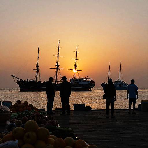 Serene Sunset with Silhouetted Ships