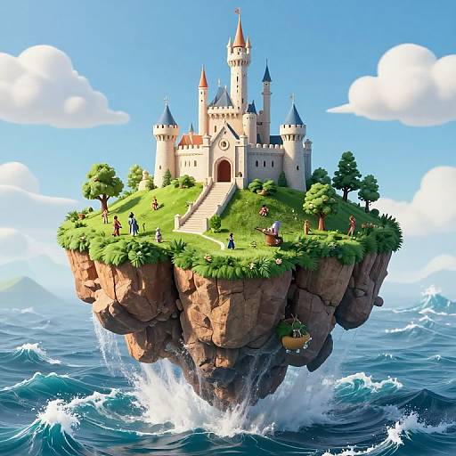 Digital illustration of a floating castle with colorful spires, surrounded by lush greenery, on a rocky island above turbulent blue ocean.