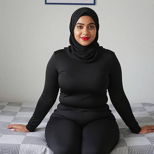 Curvy Woman in Black Hijab Sitting on Bed