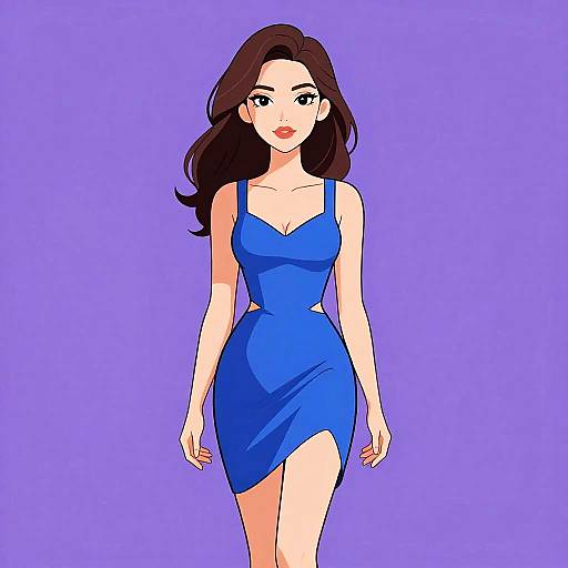 Digital anime-style drawing of a fair-skinned woman with long brown hair, wearing a form-fitting blue dress, against a solid purple background.