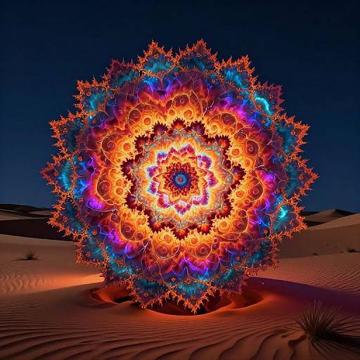 Vivid digital artwork of a glowing, multicolored mandala with fiery orange, blue, and purple patterns, standing in a dark desert with sand