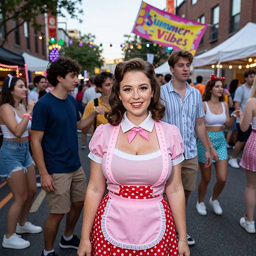 Photograph of a fair, a smiling woman in a pink pinafore and red polka-dot skirt, surrounded by casually dressed teenagers in a lively
