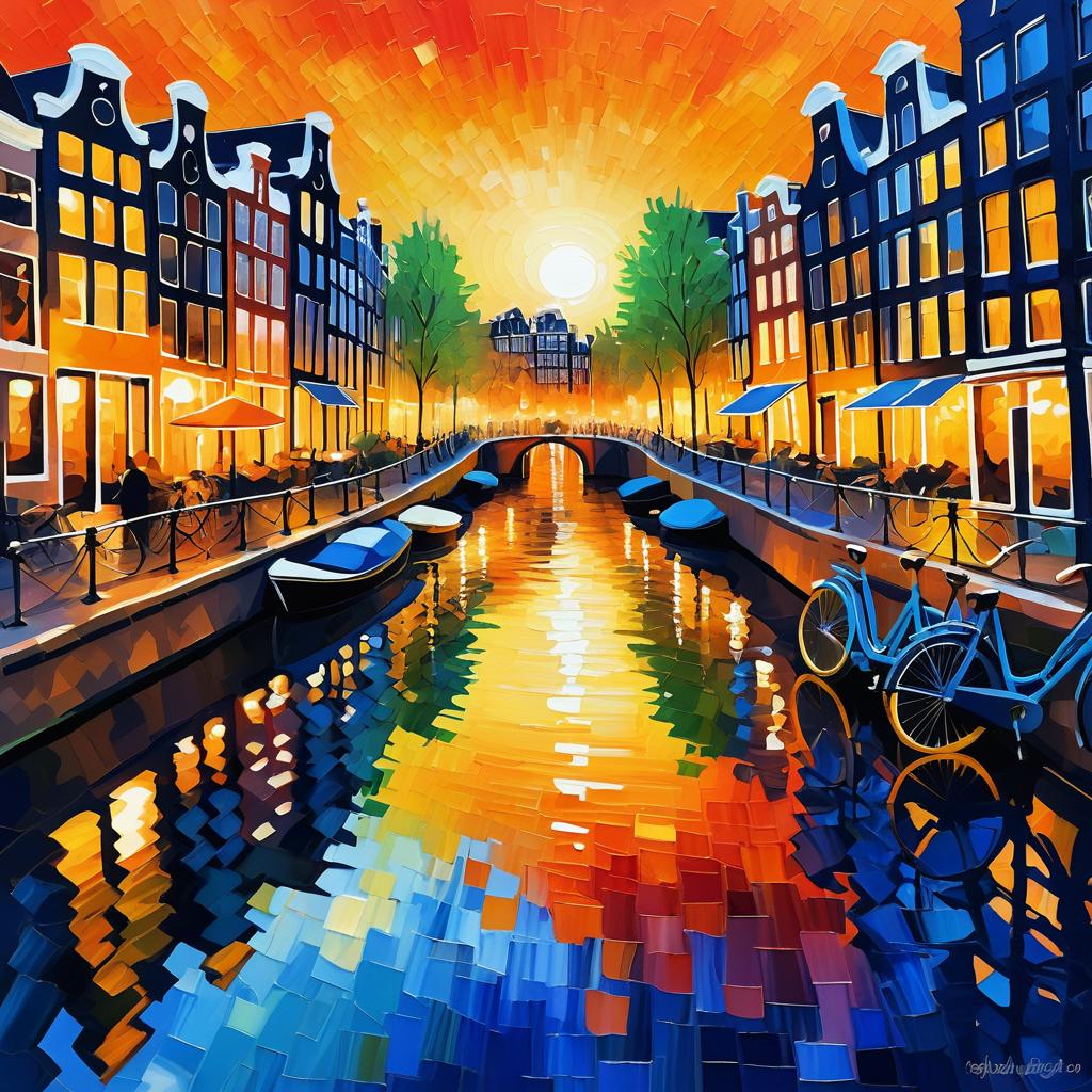 Impressionistic Amsterdam Canal at Sunset