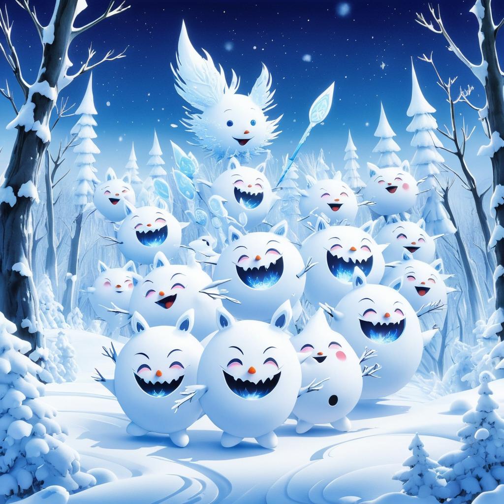 Whimsical Snow Spirits in Playful Landscape