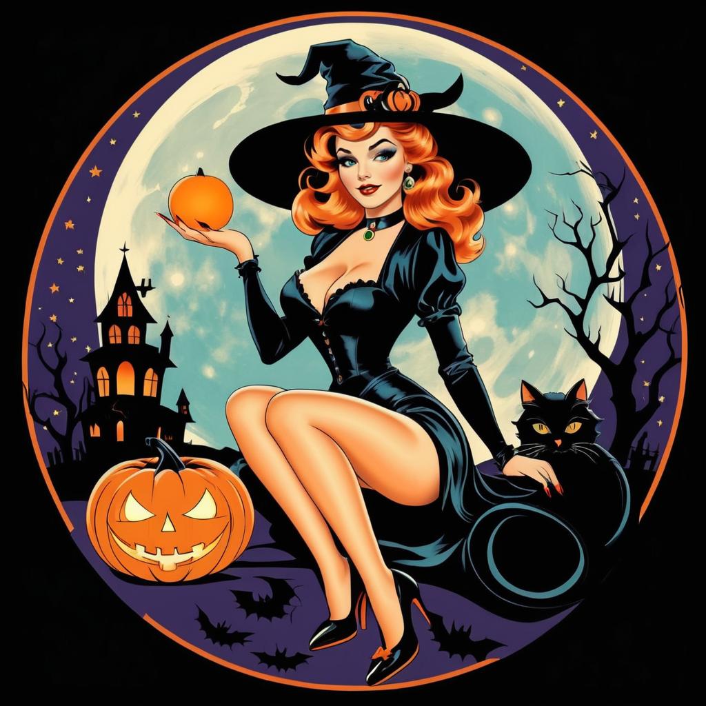 Charming Vintage Pin-Up Witch Illustration