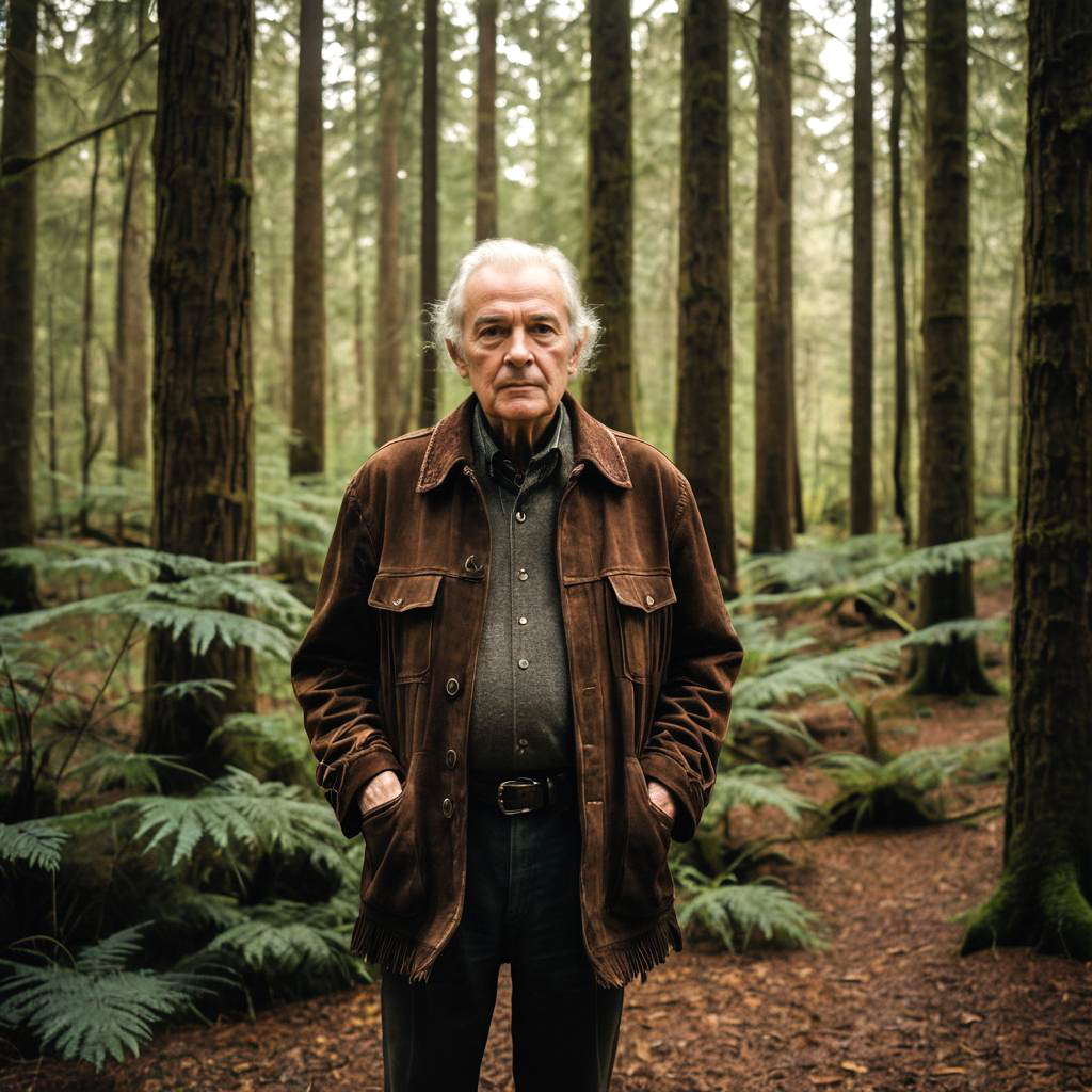 Elderly Man in Suede Jacket in Forest