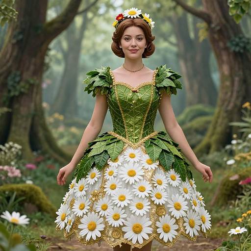 Photorealistic digital art of a fair-skinned woman with brown hair, wearing a green leaf and white daisy dress, in a lush forest.