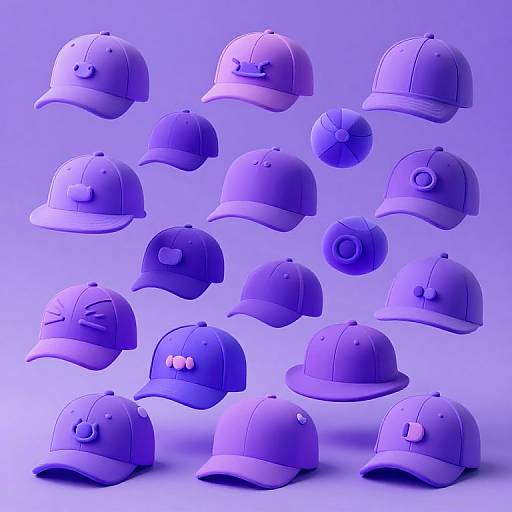 CGI image of eleven floating purple baseball caps with various expressions and embellishments, set against a gradient blue background.