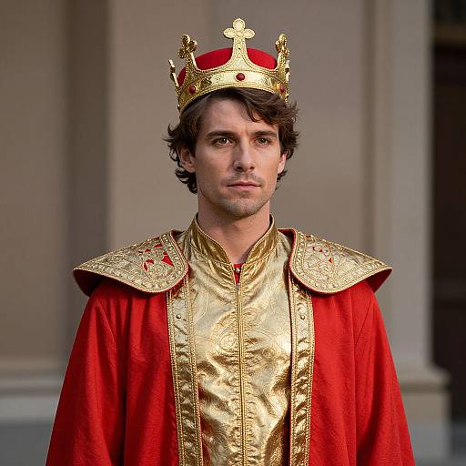 Photograph of a handsome man with wavy brown hair wearing a gold and red regal robe, gold ornate shoulder pieces, and a gold crown