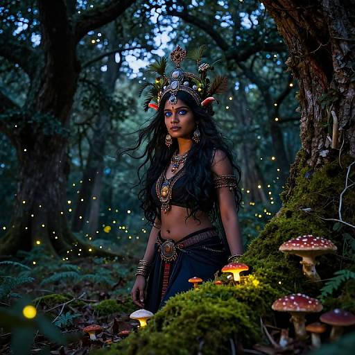 Photorealistic fantasy portrait of a dark-haired woman in elaborate headdress and jewelry, standing in enchanted forest with glowing mushrooms and fairy lights.