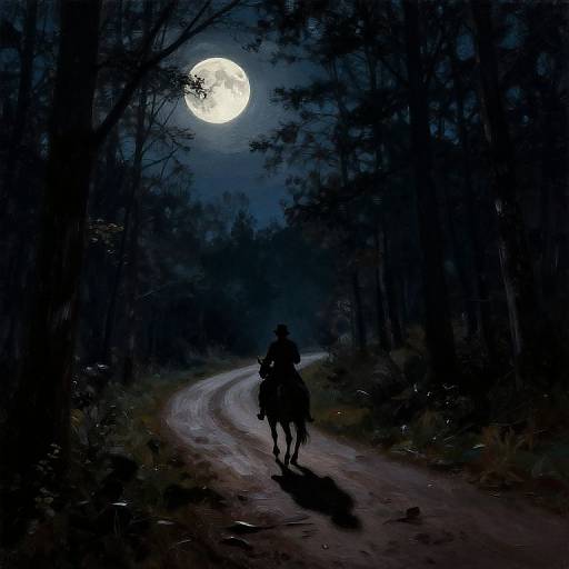 Silhouetted rider on horse, moonlit forest path, dark trees, bright full moon, digital artwork, eerie night scene, winding dirt road