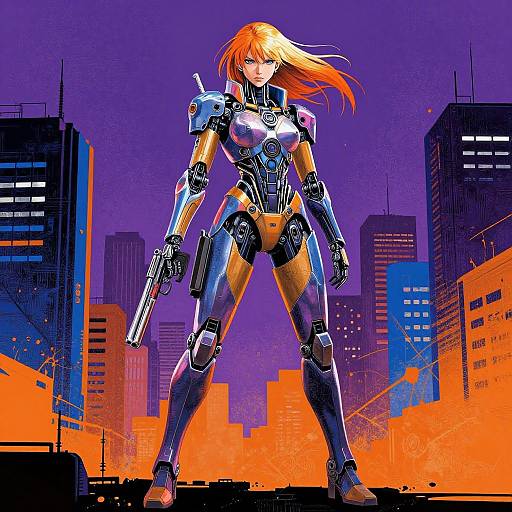 Digital anime-style artwork of a fierce, red-haired woman in futuristic armor, holding a gun, standing confidently in a vibrant, neon-lit cityscape
