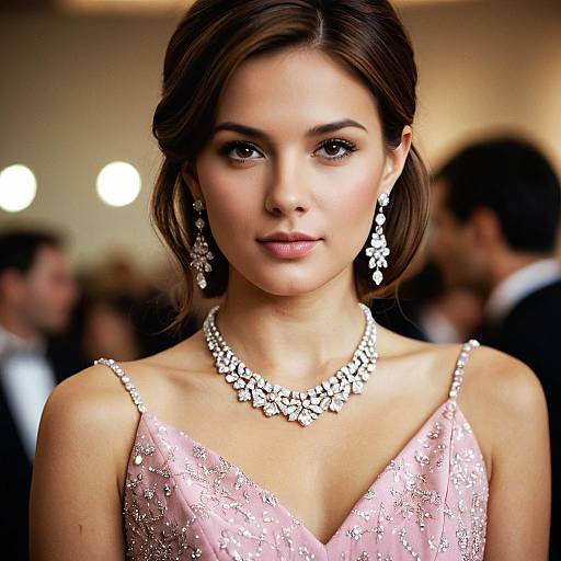 Elegant woman in pink gown with diamond jewelry