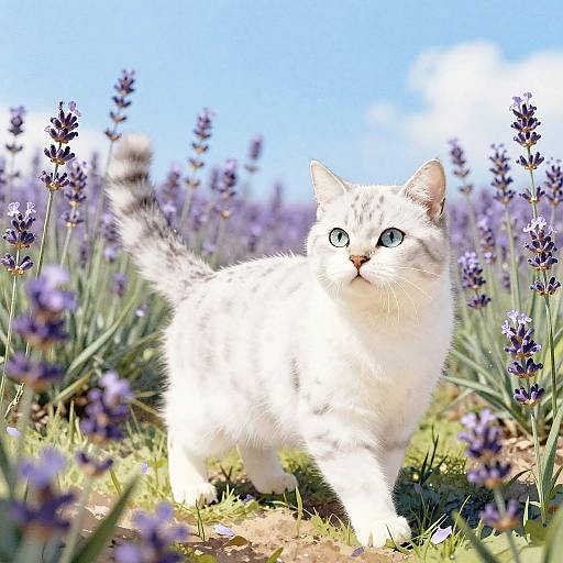 Spotted White Cat in Lavender Field
