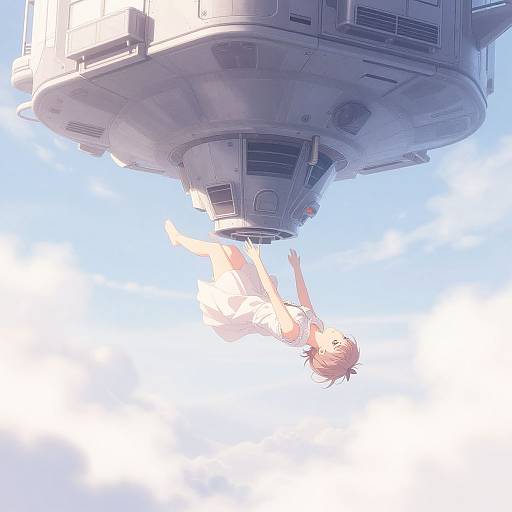 Digital anime-style illustration of a naked, blonde-haired person falling towards a futuristic, white spaceship against a bright blue sky.