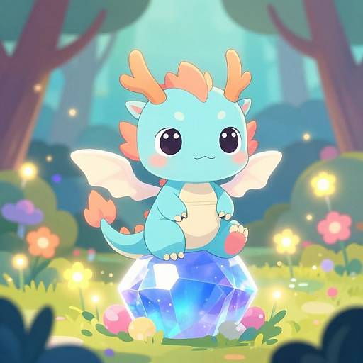 Adorable, blue, cartoon dragon with orange horns and wings, sitting on glowing blue sphere in magical forest with glowing flowers.