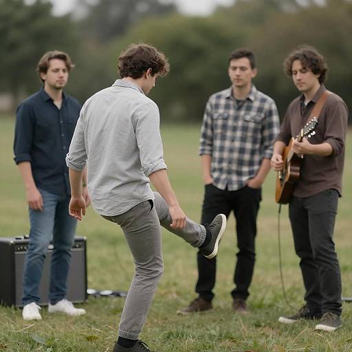 Outdoor Band Photo with Kicking Man