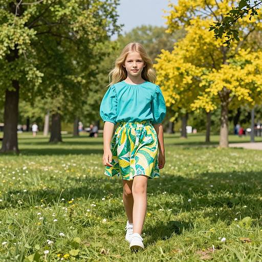 Photograph of a young blonde girl in a blue blouse and colorful floral skirt walking in a sunlit park with green grass and yellow trees.