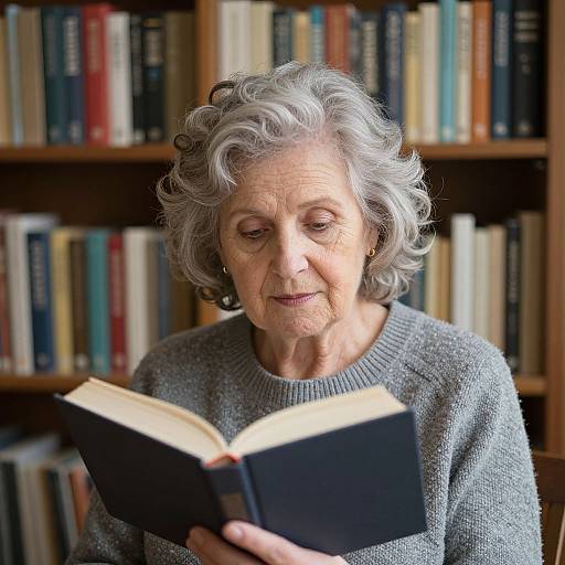 Photograph of an elderly woman with curly gray hair, wearing a gray sweater, reading a book in a well-stocked library.