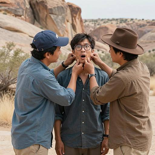 Three Men Socializing in Desert Landscape