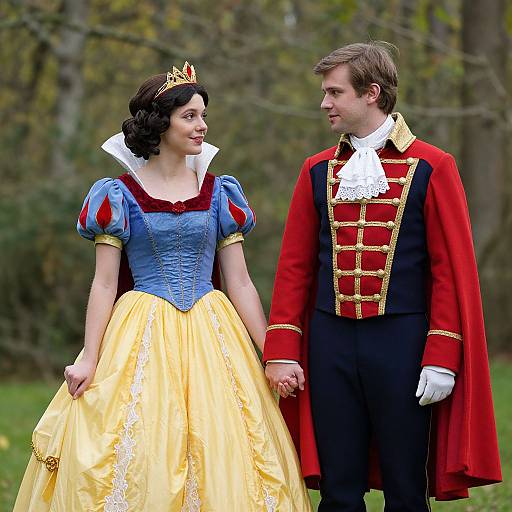 Photograph of a fair-skinned, dark-haired woman in a yellow princess dress and a fair-skinned, brown-haired man in a red military-style