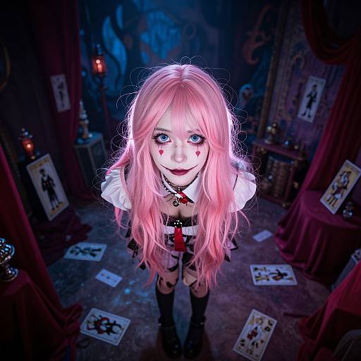 Photograph of a pink-haired anime girl with blue eyes and red lipstick, wearing a white blouse, black skirt, and red tie, standing in a