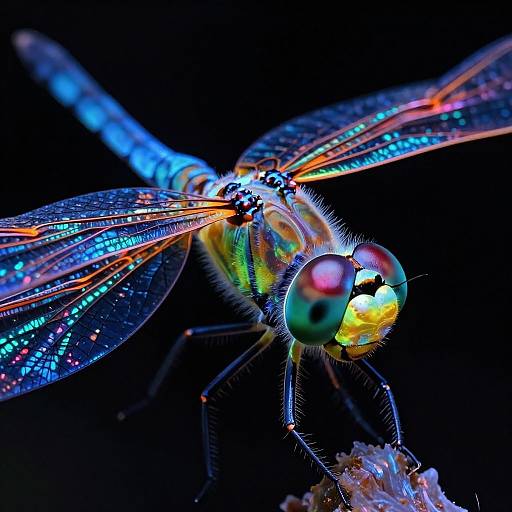 Close-up photograph of a vibrant, iridescent dragonfly with multicolored wings and large, reflective eyes, against a black background.