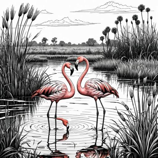 Vintage Botanical Illustration of Flamingos in Wetlands