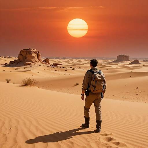 Photograph of a lone hiker with a backpack, standing in sunlit, orange desert sand dunes, facing a large, bright orange sun.
