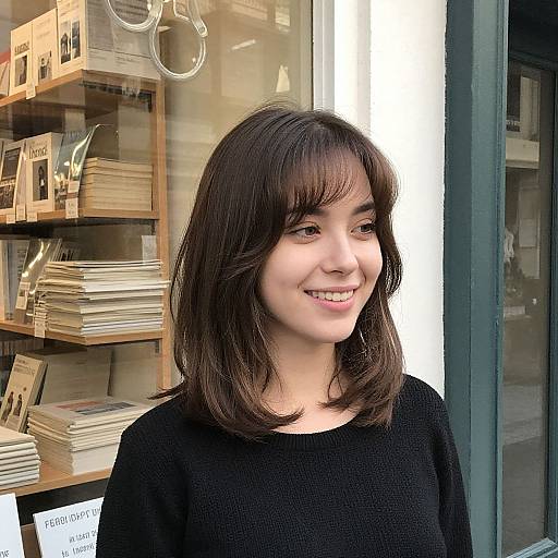 Photograph of a smiling young woman with shoulder-length brown hair, wearing a black sweater, standing in front of a book-filled store window.