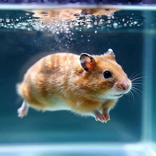 Photograph of a fluffy, light-brown hamster swimming underwater in a clear tank, surrounded by bubbles, with a blurred blue background.