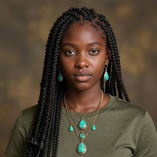 Portrait of Young Black Woman with Afro Braids and Turquoise Jewelry