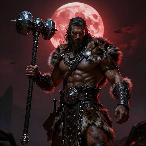 Muscular barbarian with fur loincloth, heavy armor, and large hammer stands under a red full moon, surrounded by dark mountains. CGI art