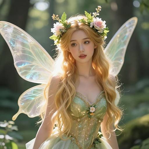 Photograph of a fair-skinned, blonde fairy with long wavy hair, wearing a green, sparkly dress, flower crown, and translucent wings