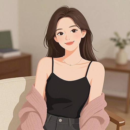 Digital anime-style drawing of a smiling Asian woman with long black hair, wearing a black tank top, pink cardigan, and dark jeans, seated in