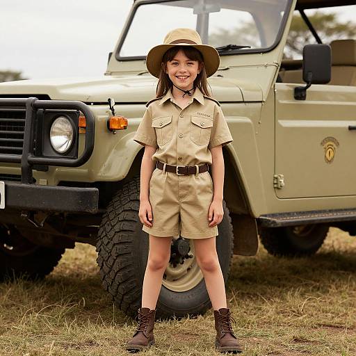 Photograph of a smiling young girl in a beige scout uniform and hat, standing in front of a green military-style Jeep.