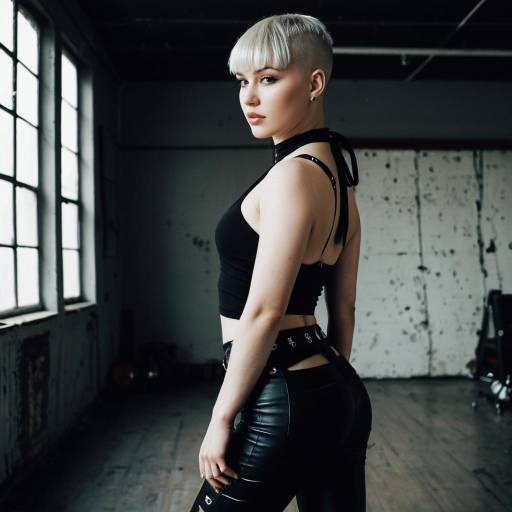 Young Blonde Woman with Modern Haircut in Stylish Black Outfit