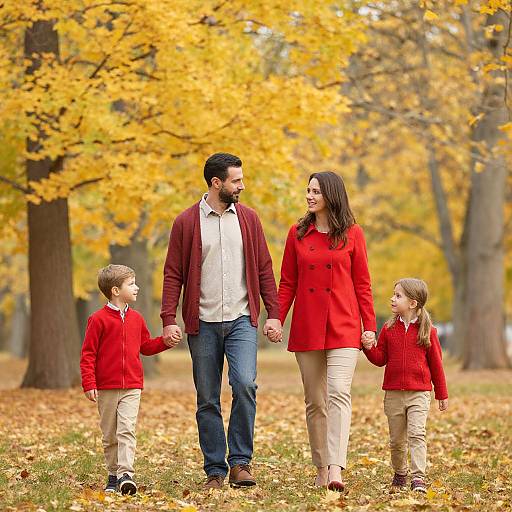 Photograph of a family of four holding hands in an autumn park, with vibrant yellow trees, wearing red and beige outfits.