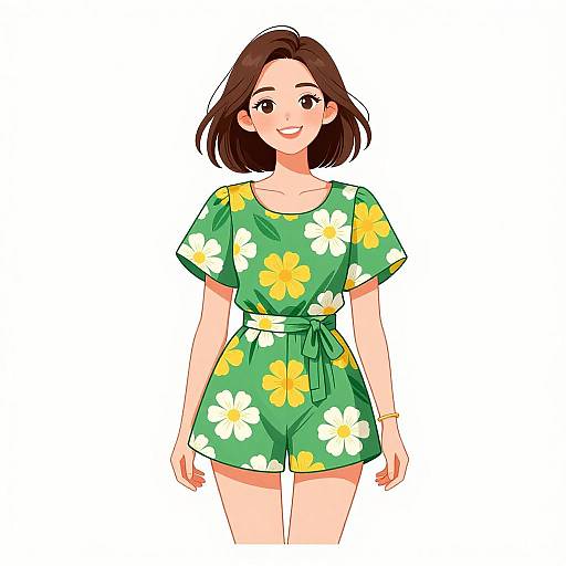 Digital anime-style drawing of a smiling woman with short brown hair, wearing a green floral romper with yellow and white flowers.