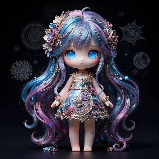 Digital art of a chibi doll with large blue eyes, long, flowing purple and blue hair, adorned with gold and floral accessories, wearing an intricate