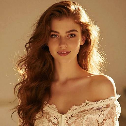 Photograph of a beautiful young woman with long, wavy brown hair, wearing an off-shoulder white lace top, smiling softly, bathed
