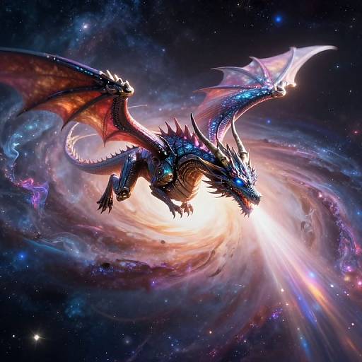 Digital artwork of a vibrant, blue-and-red dragon soaring through a swirling, luminous galaxy with stars and cosmic dust.