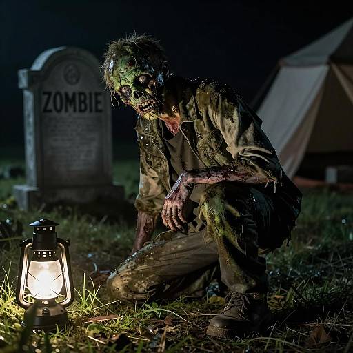 Crouching Zombie at Night Under Lantern