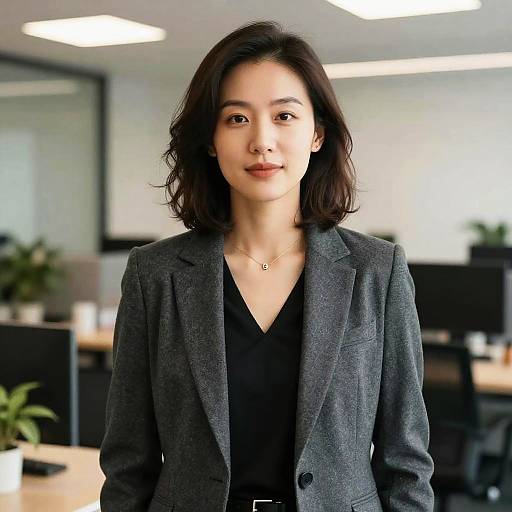 Photograph of an Asian woman with shoulder-length black hair, wearing a gray blazer over a black top, standing in a modern, brightly lit office